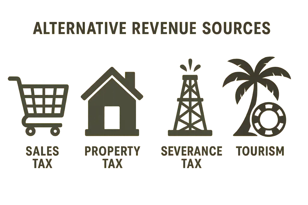 Icons showing major revenue sources like sales tax, property tax, and severance tax used by states with no income tax.