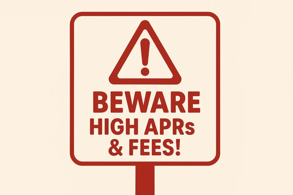 Warning sign about the dangers of predatory personal loans and high APRs.