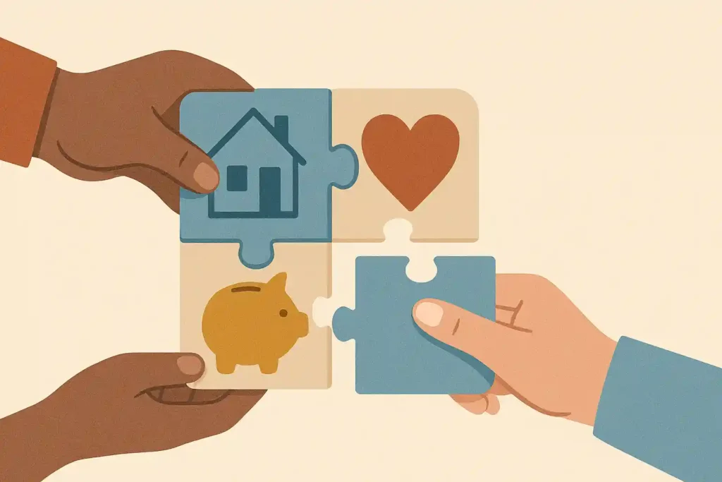Hands piecing together a puzzle symbolizing financial harmony and shared goals using finance tips for couples.