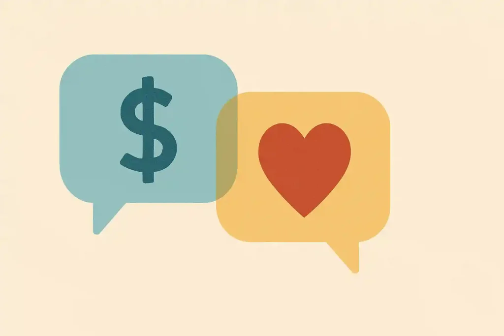 Speech bubbles with money and heart symbols, illustrating communication as key among finance tips for couples.