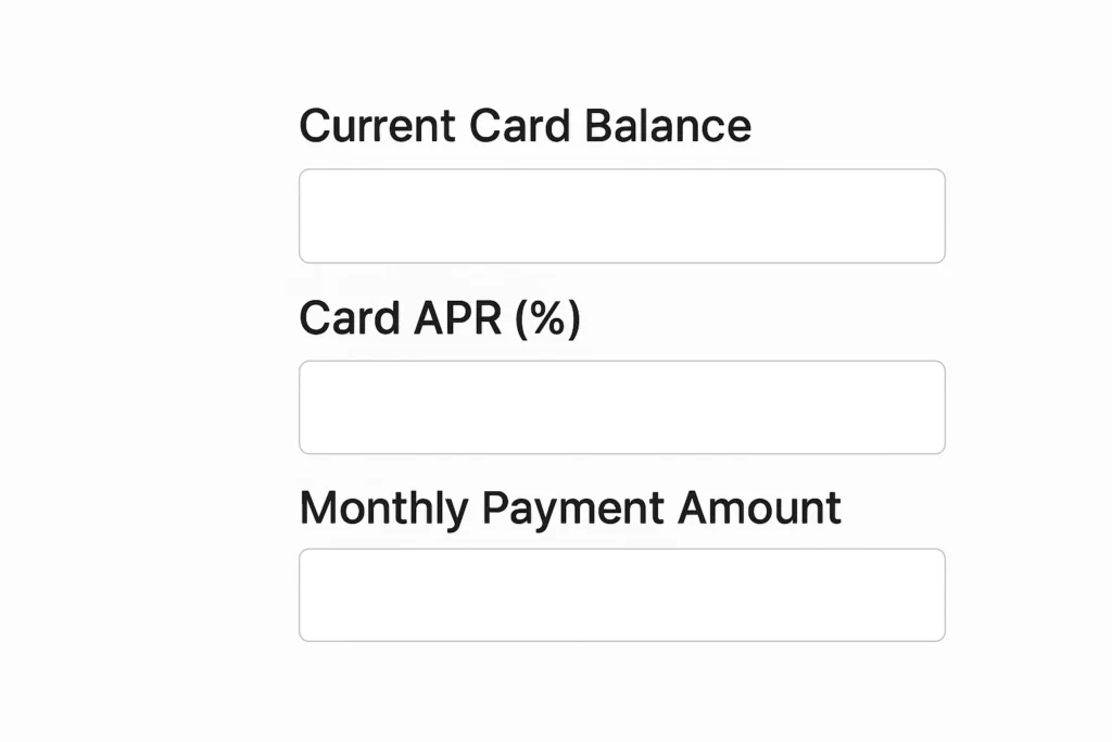 Input fields for the cc interest calculator, including current balance, APR, and monthly payment, to calculate credit card debt costs.