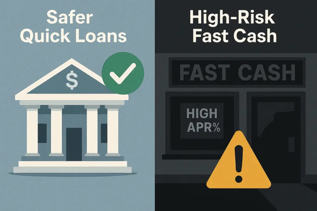 Comparison illustrating safer quick personal loans versus high-risk fast cash options to be wary of.