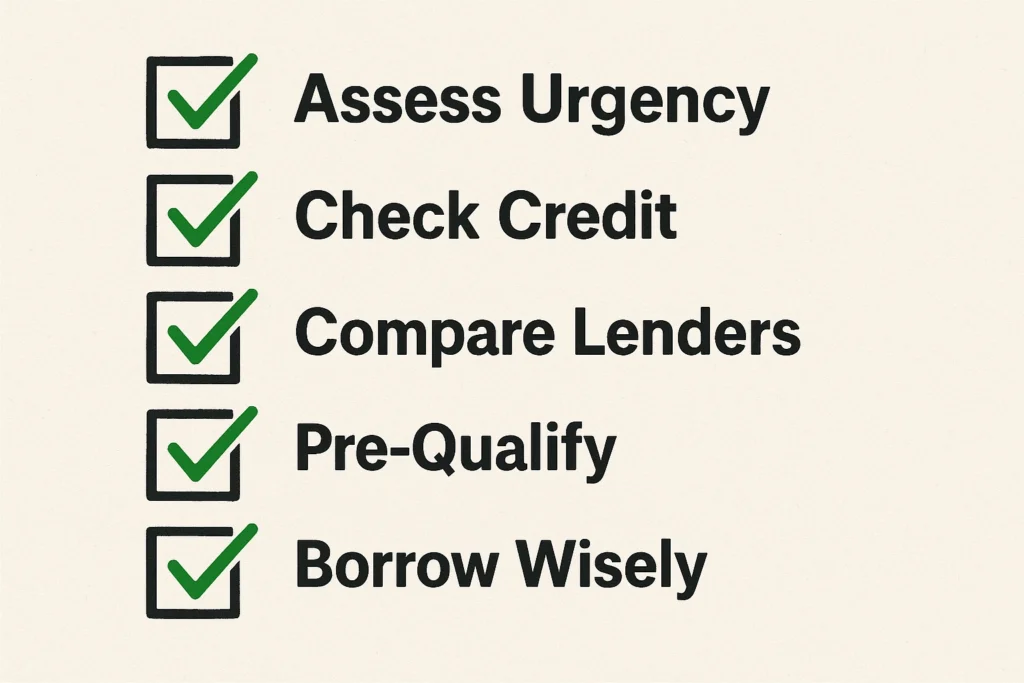 Checklist for safely obtaining quick personal loans, emphasizing comparison and understanding terms.