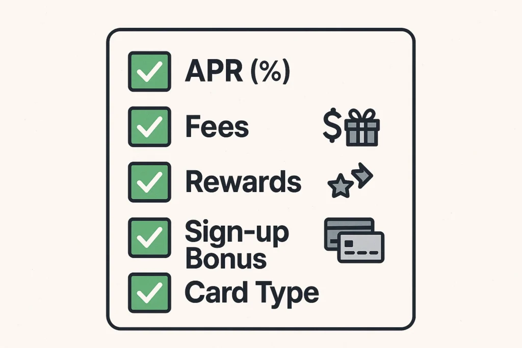Checklist of key factors for comparing credit cards: APR, fees, rewards, bonuses, and card type.