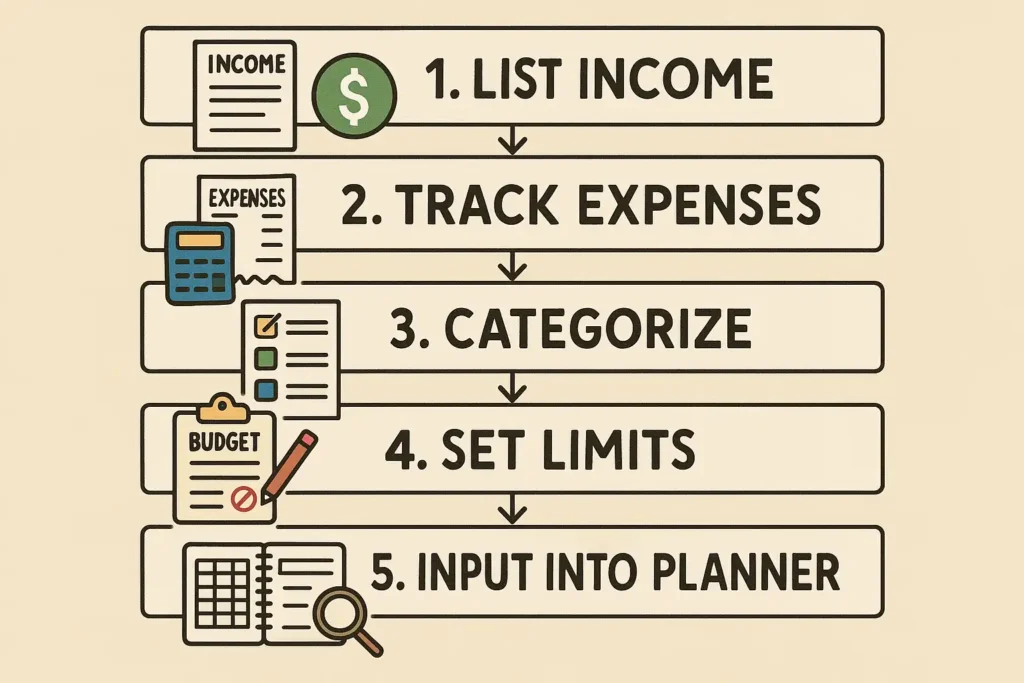 Step-by-step process for using a student budget planner effectively.