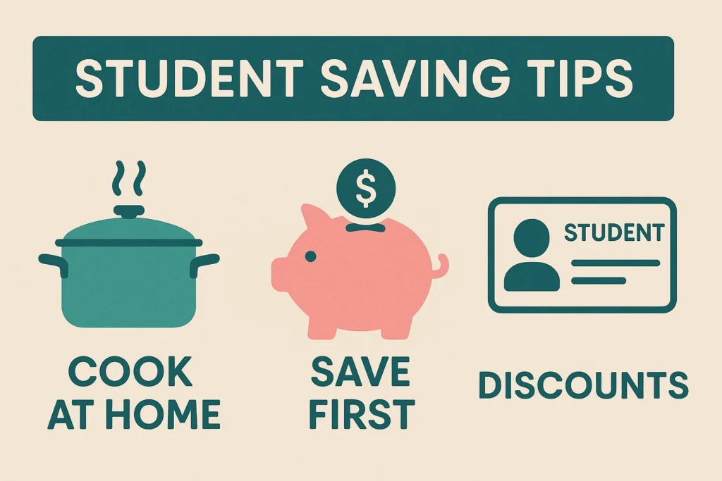 Top student money saving tips to use with a student budget planner, including cooking, saving, and using discounts.