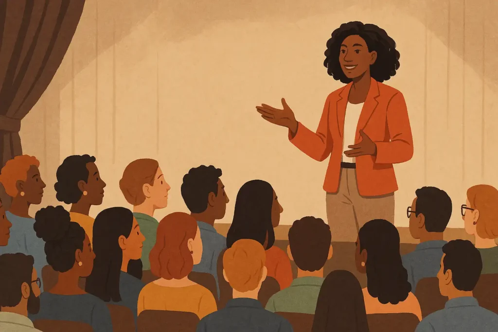 Poised speaker engaging an audience, exemplifying techniques for mastering confidence in public speaking.